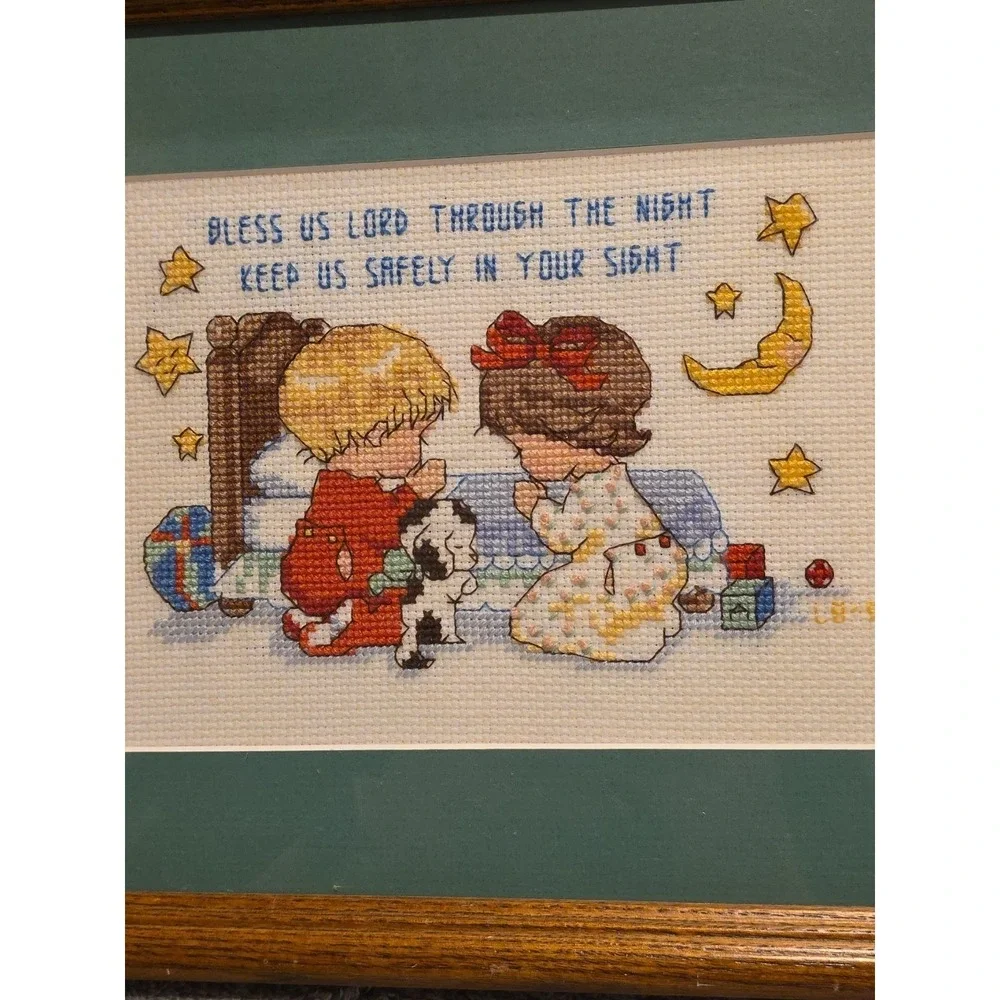 Vintage Cross Stitch In Wooden Frame Boy And Girl Bedtime Prayer Nursery Play
